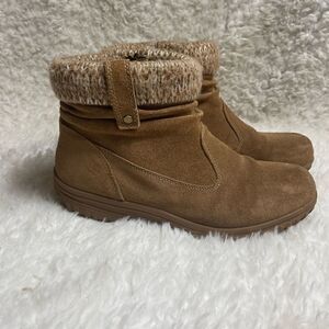 KHOMBU LAURA TAN SUEDE ANKLE BOOTS KNIT TRIM RUBBER SOLES SZ10M